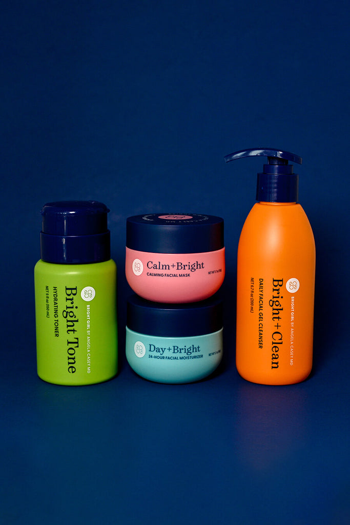 Bright Girl Core 4 bundle includes Bright Tone, Calm + Bright, Day + Bright, Bright + Clean daily facial gel cleanser